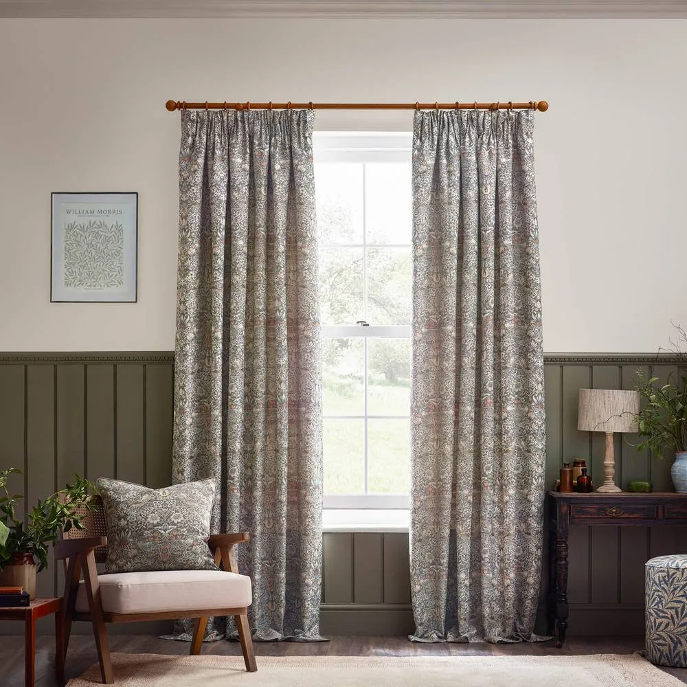 Morris & Co Strawberry Thief Jacquard Floral Room Darkening Pencil Pleat Curtain Pair in Beige 2