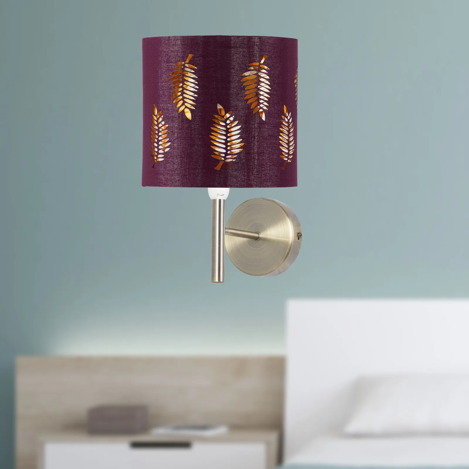 First Choice Lighting Set of 2 Brea - Antique Brass Wall Lights with Burgundy Fern Shades in Bronze 3