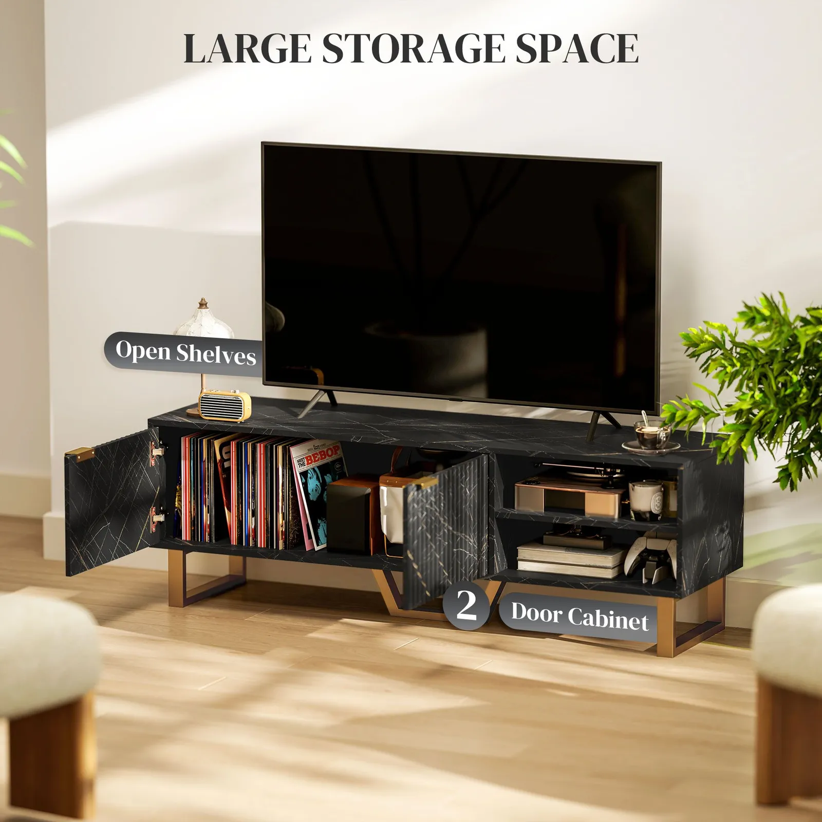 HOMCOM TV Unit, TV Stand Cabinet with Shelves & Storage Cupboard in Black 5
