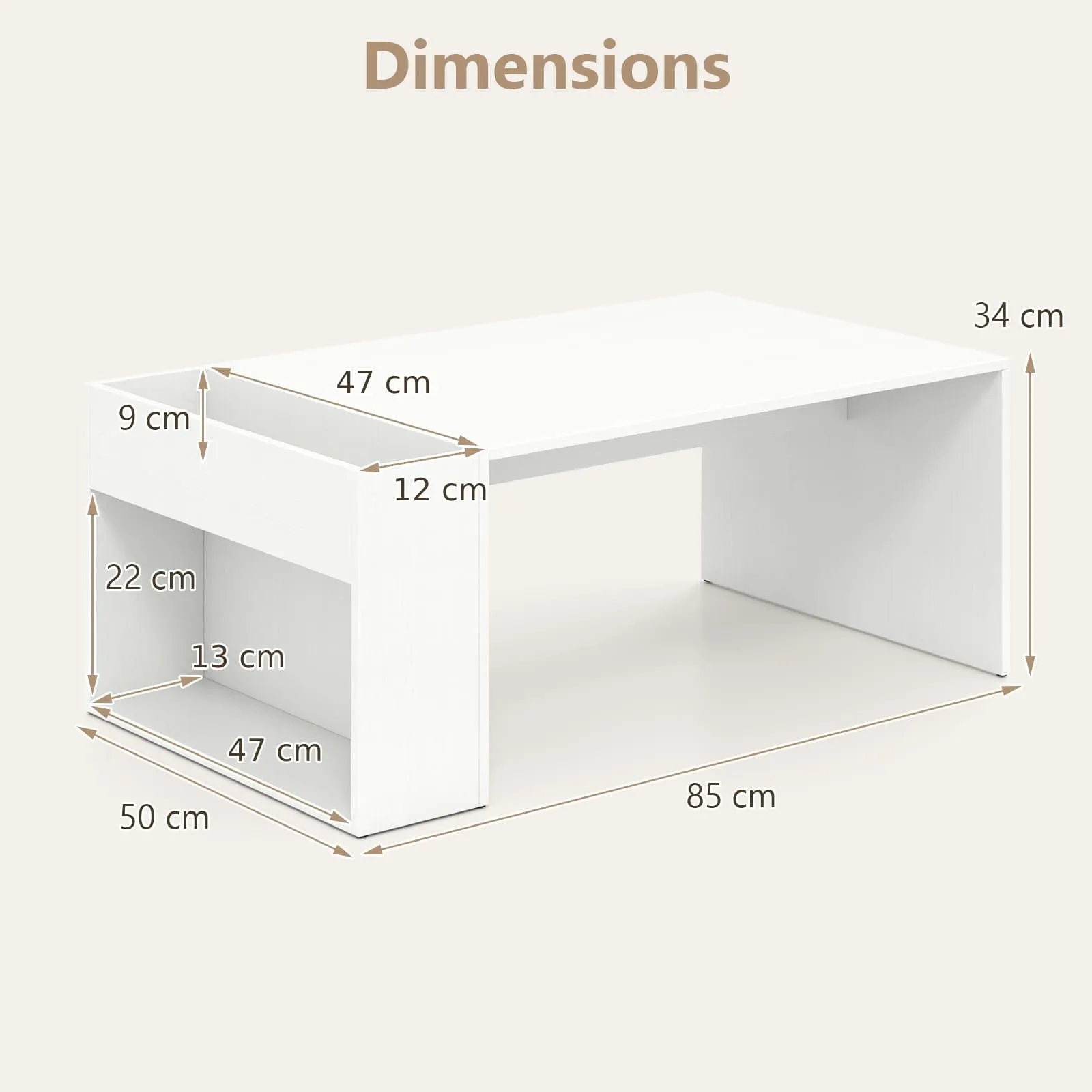 Costway Coffee Table 85cm Coffee Table with Double-Layer Storage Space in White 2