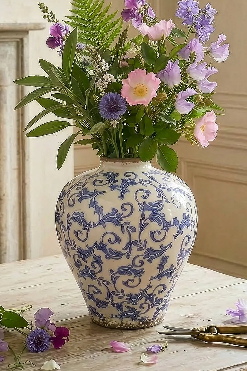 Dibor Vintage Solene Small Blue Botanical Round Flower Vase H23 x Dia19cm in Cream