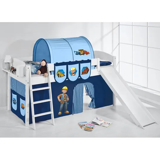 Lilla Slide Children Bed In White With Bob The Builder Curtains