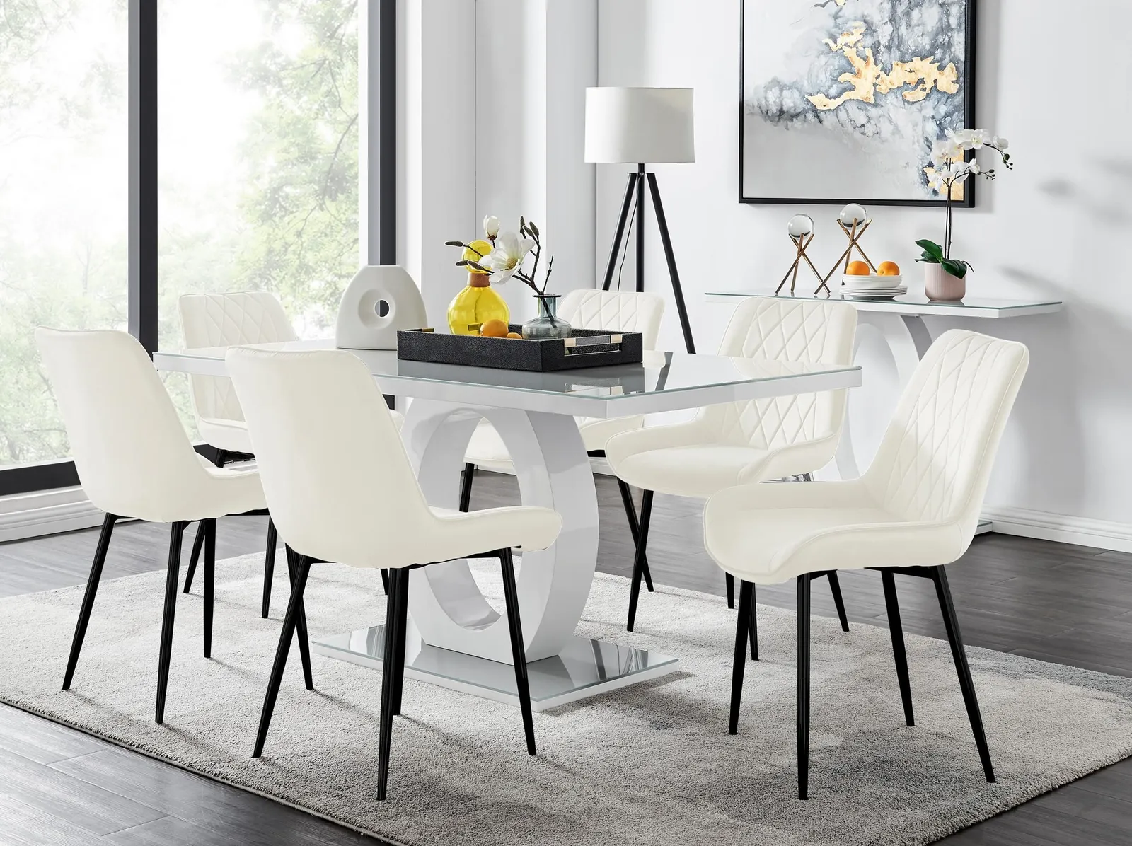 FurnitureboxUK Giovani 6-Seater Grey Glass Dining Table & 6 Pesaro Soft Velvet Dining Chairs in Cream 1