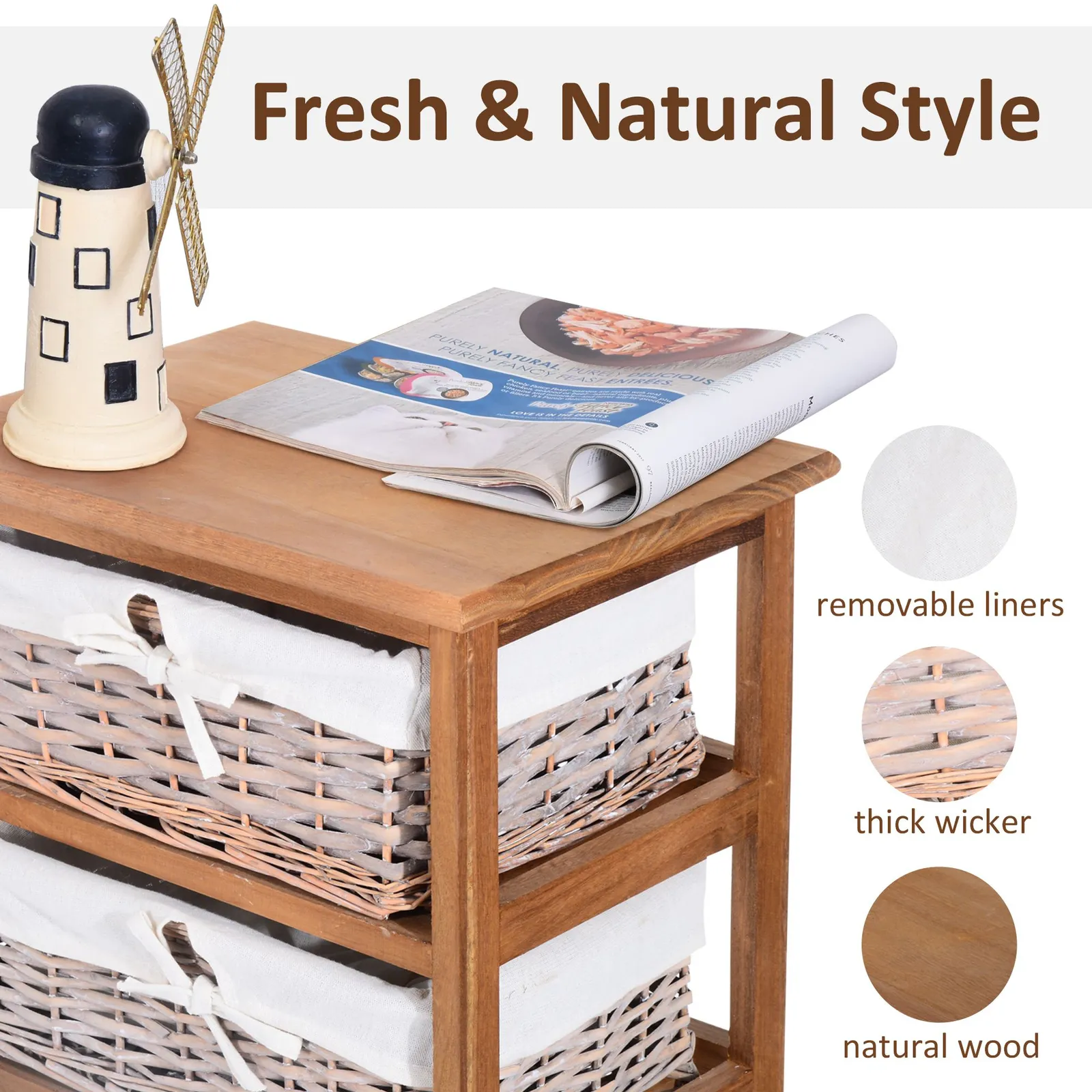 HOMCOM 5 Drawer Dresser Wicker Storage Shelf Unit Wooden Home Organization in Natural 6