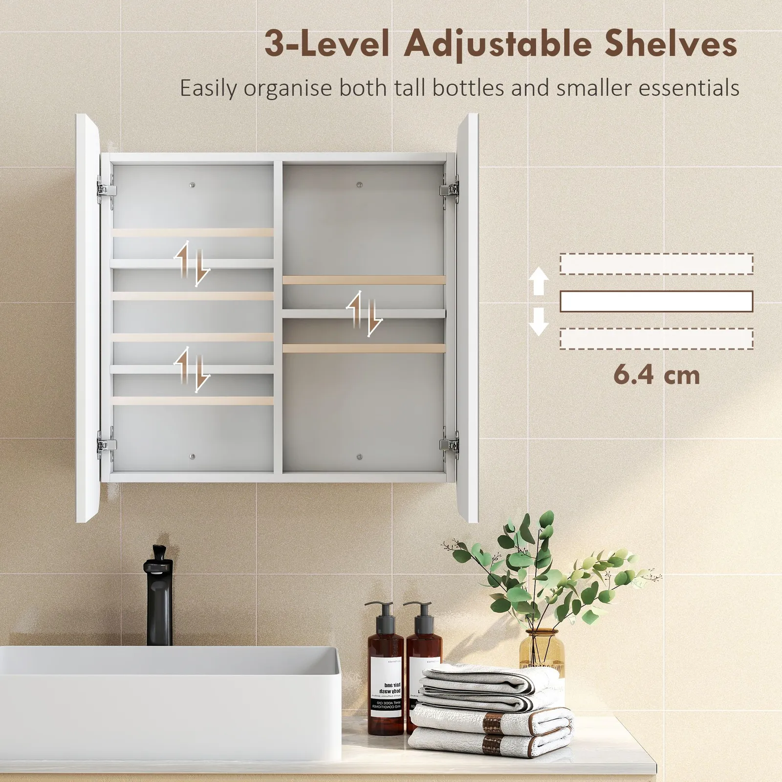 HOMCOM Arched Bathroom Mirror Cabinet, Wall Mounted Mirrored Cabinet in White 6