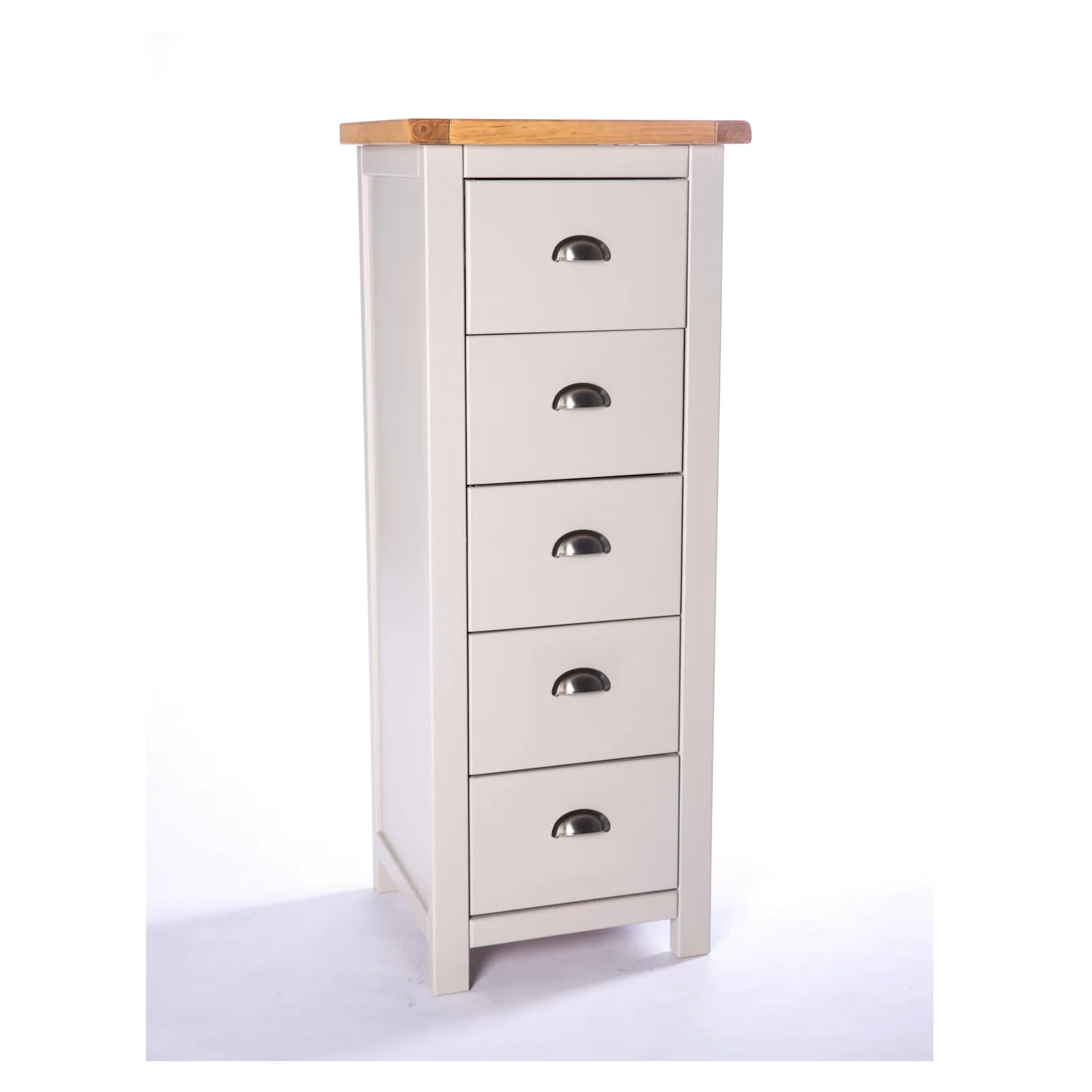 Cabinet Bits Argenta 5 Drawer Narrow Chest of Drawers Chrome Cup Handle in Light Grey 2