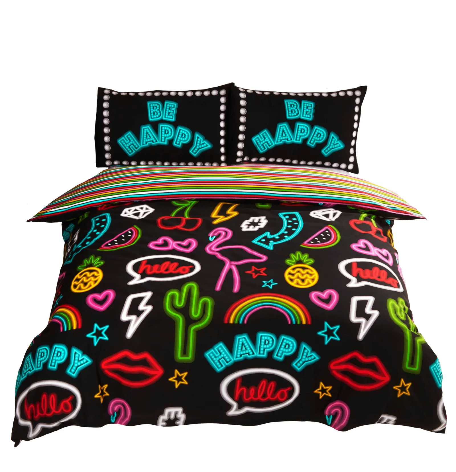 Rapport Home Be Happy Neon Polycotton Duvet Cover Set & Pillowcase in Black 2