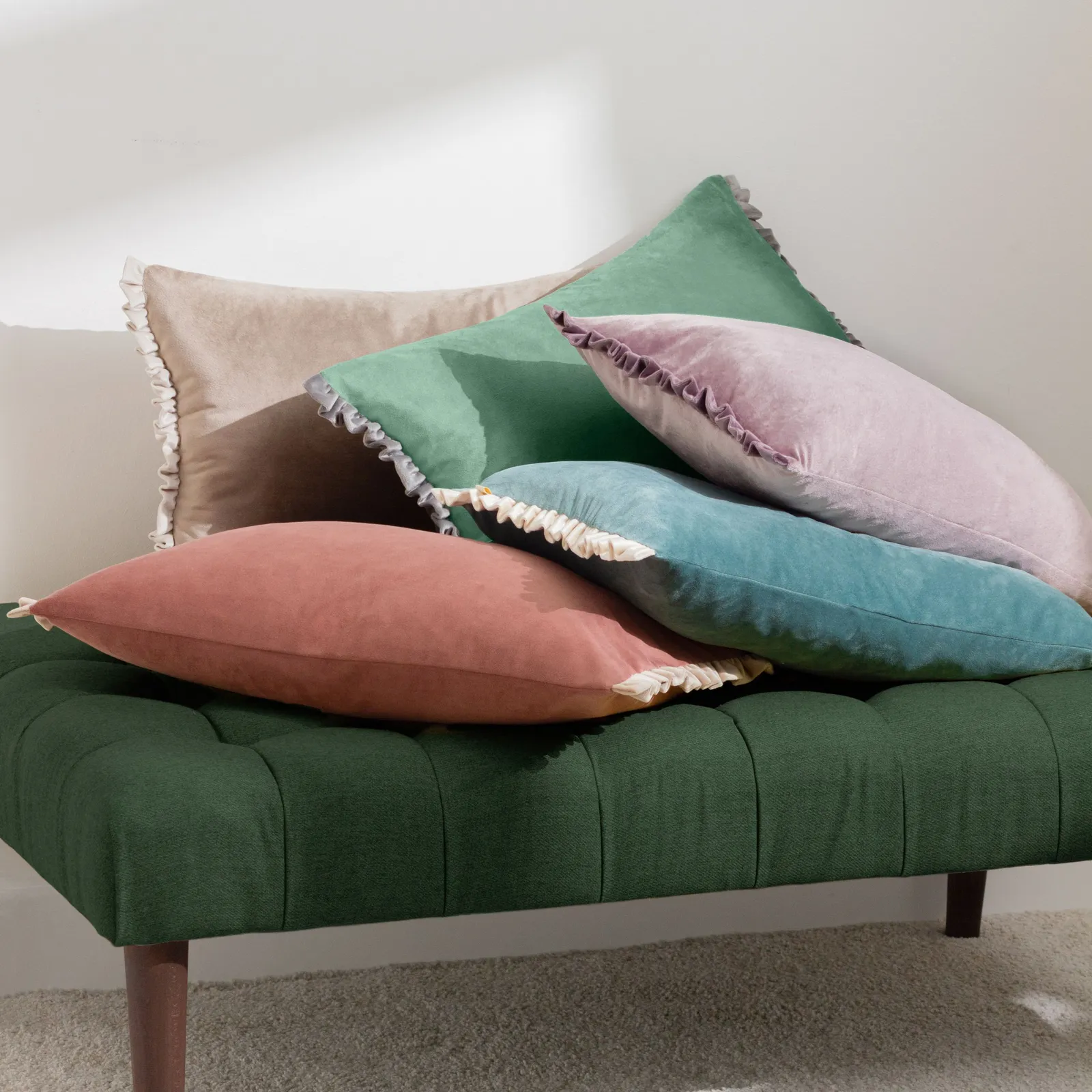 Wylder Tilly Velvet Frill Reversible Cushion in Light Green 5
