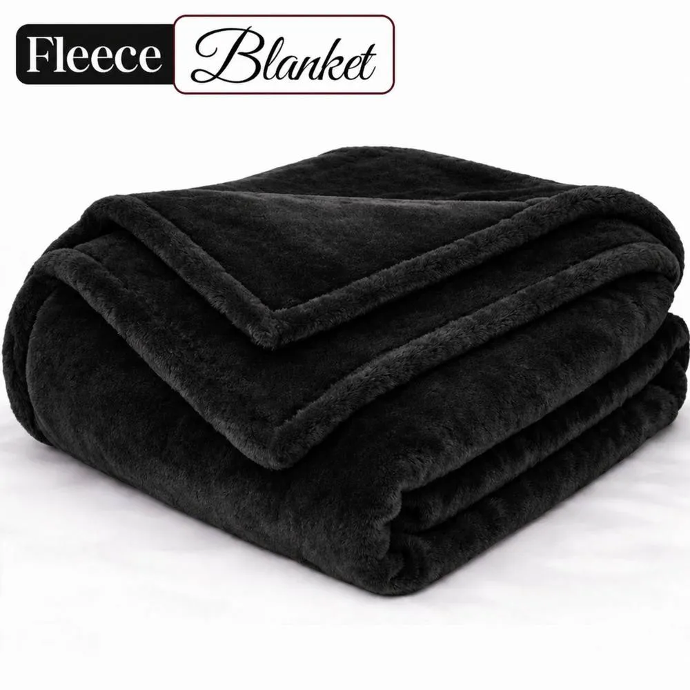 Pamposh Extra Large Flannel Fleece Blanket Reversible Bed & Sofa Throw in Black