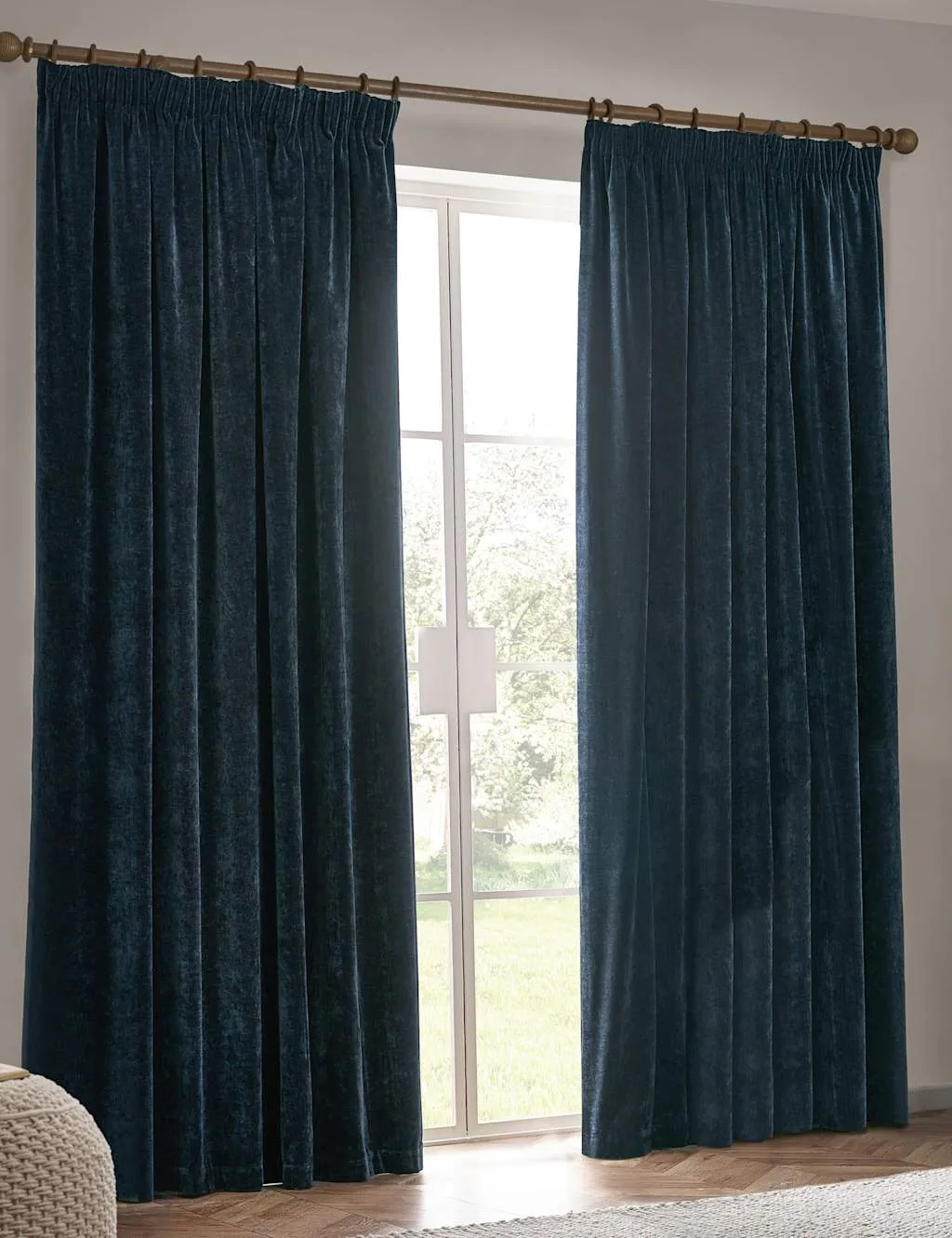 YARD Chenille Velvet Pencil Pleat Curtains Navy