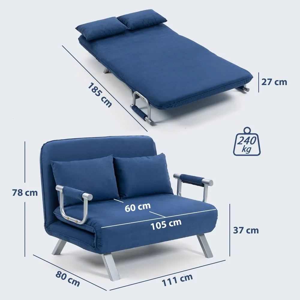 HOMCOM Fabric Sofa, Convertible 2 Seater Sofa Bed w/ Pillows, Dark Blue 3