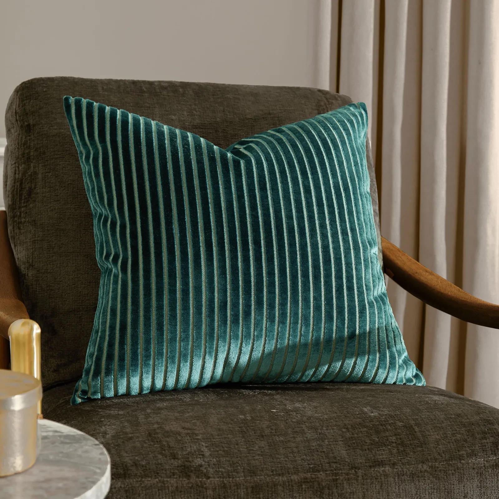 Paoletti Savoy Stripe Velvet Cushion in Teal 1