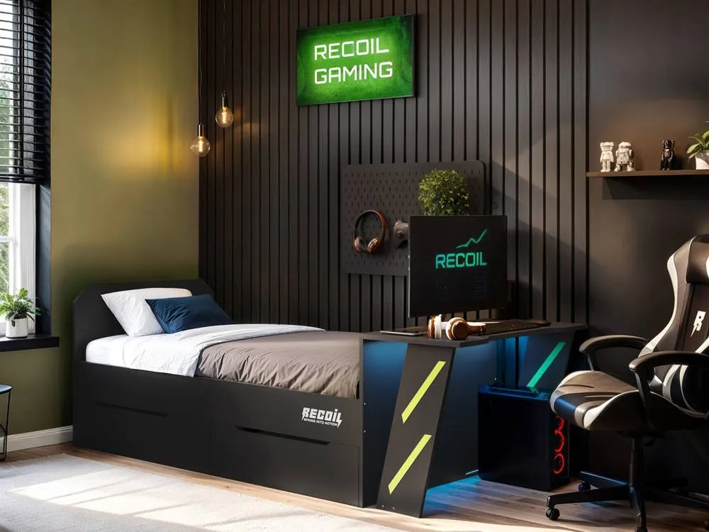 Flair Alister Gaming Single Bed with Desk Charcoal & Green 3