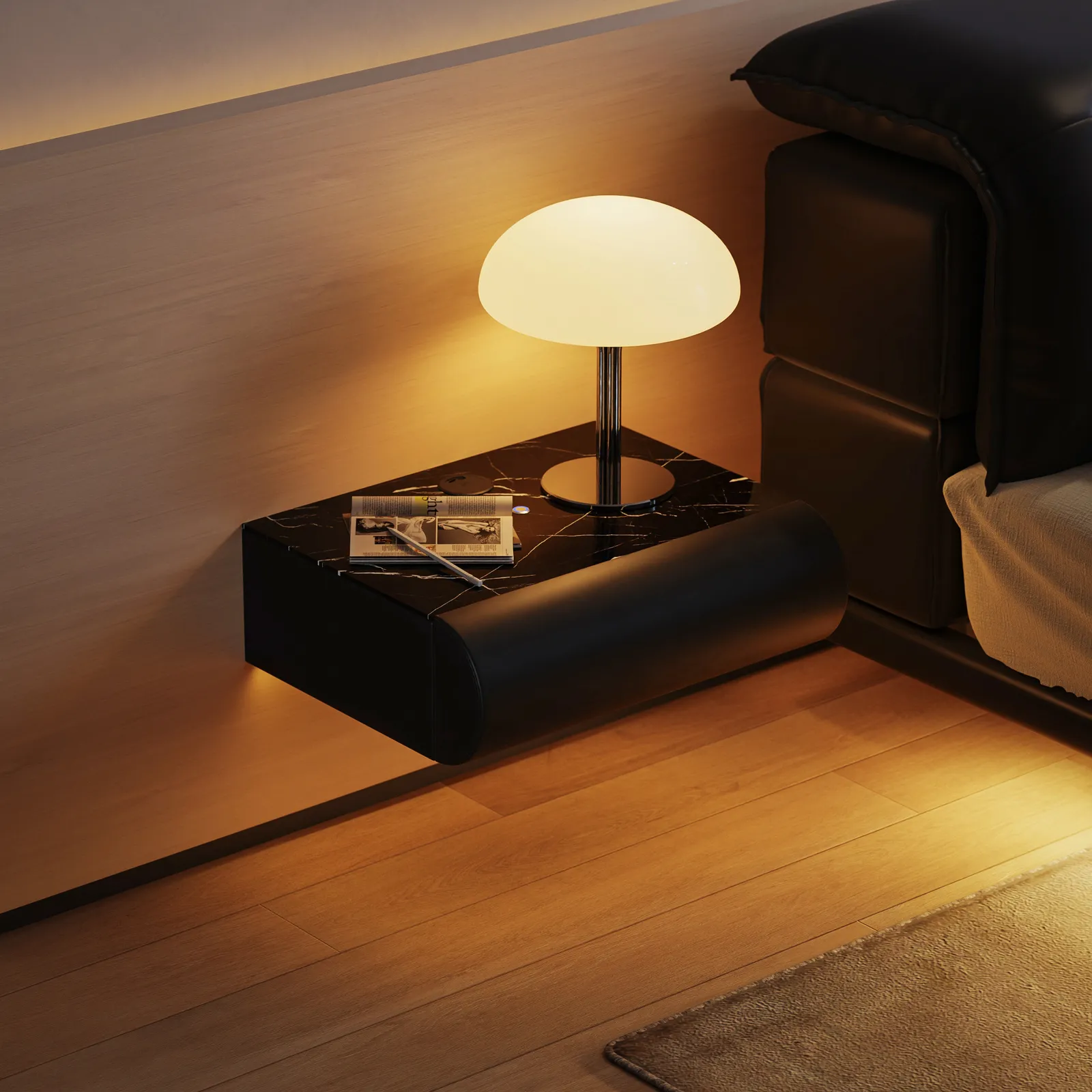 Humply Floating Leather 1-Drawer Smart LED Nightstand with Sintered Stone Top