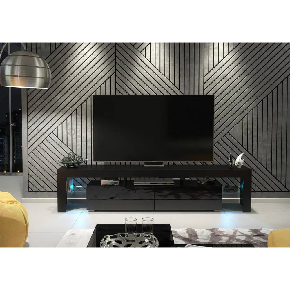 Creative Furniture Nova TV Unit 200cm - Black with Gloss Doors & LED Lights 2