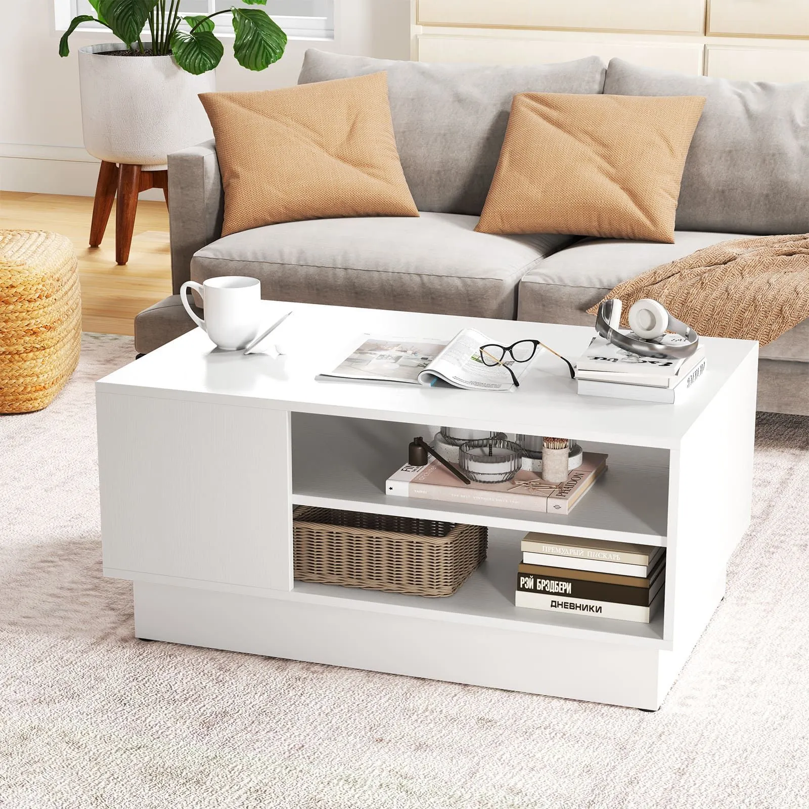 Costway Modern Coffee Table 86cm Long Rectangle Center Table w/ Storage Shelves in White 3