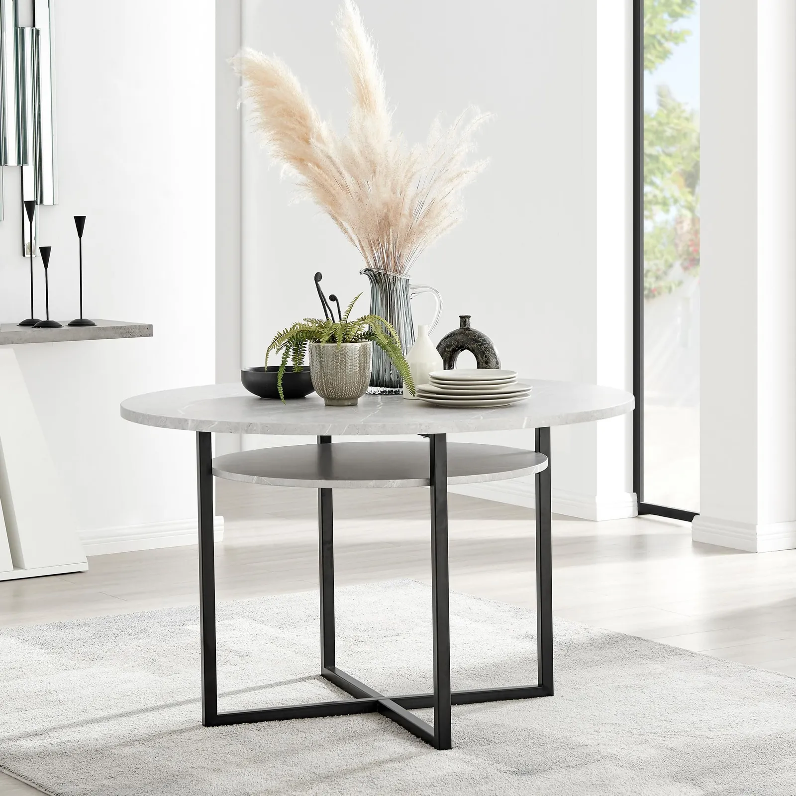 FurnitureboxUK Adley Round 120cm Dining Table With Storage Shelf in Grey