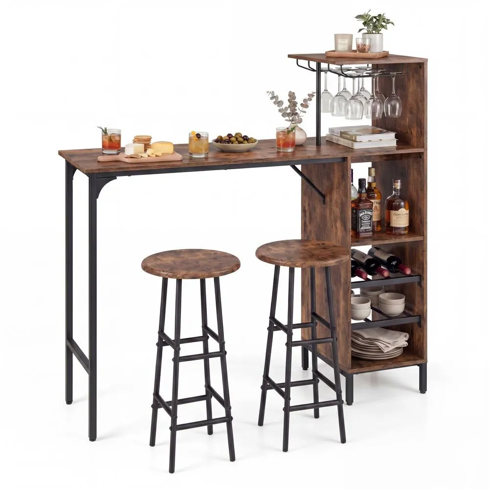 Costway 3PCS Bar Table & Chair Set Pub Table & Stools with Wine Glass Holders in Brown