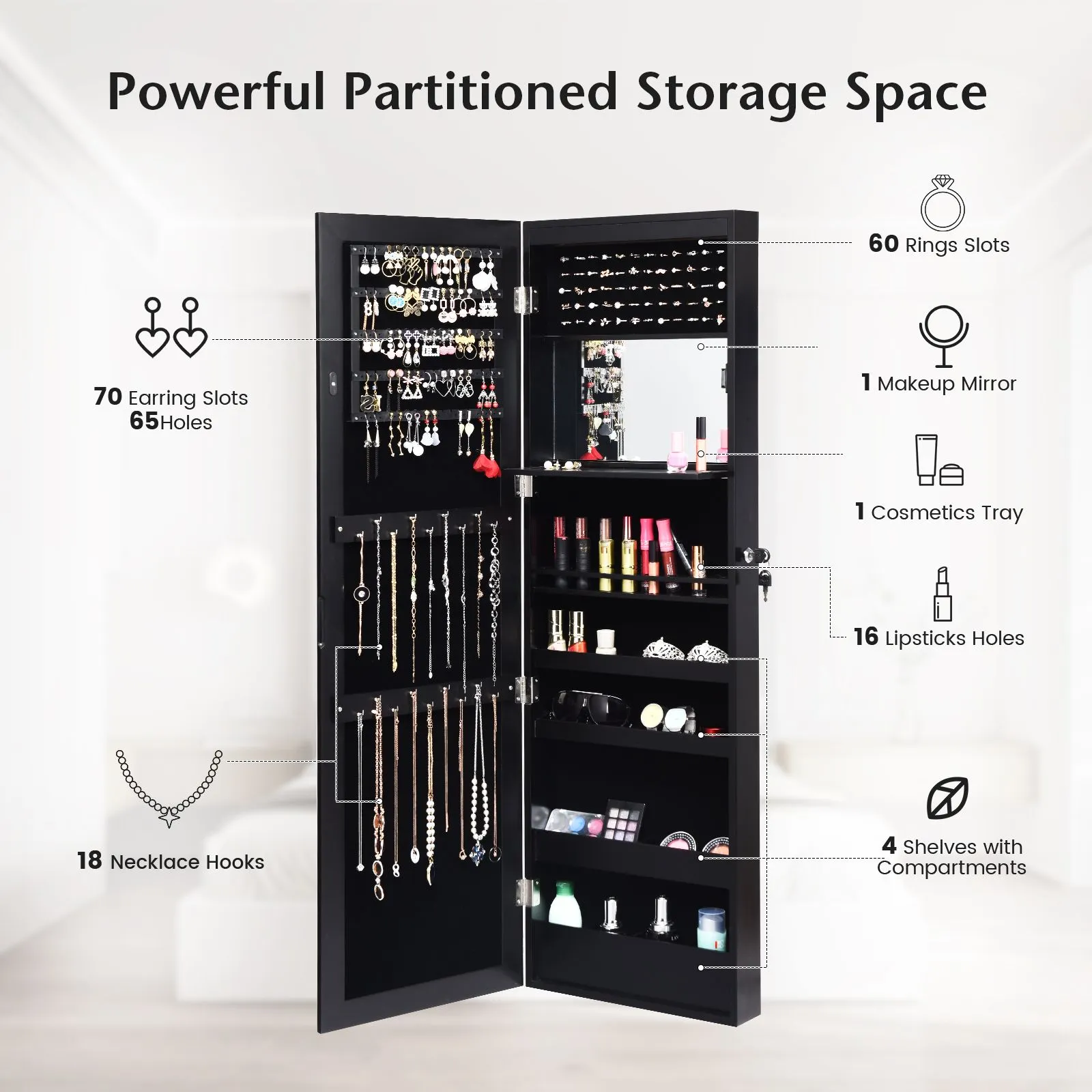 Costway Wall/Door Mounted Jewelry Armoire Organizer Full-length Mirror Storage Cabinet in Black 3