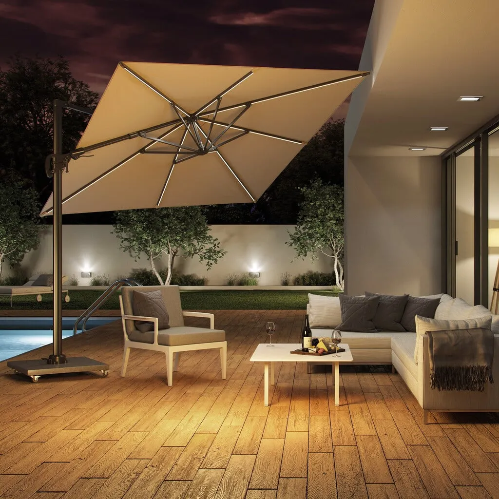 Lux Led Parasol 3x3 & Base with Wheels, Brown | Barker & Stonehouse