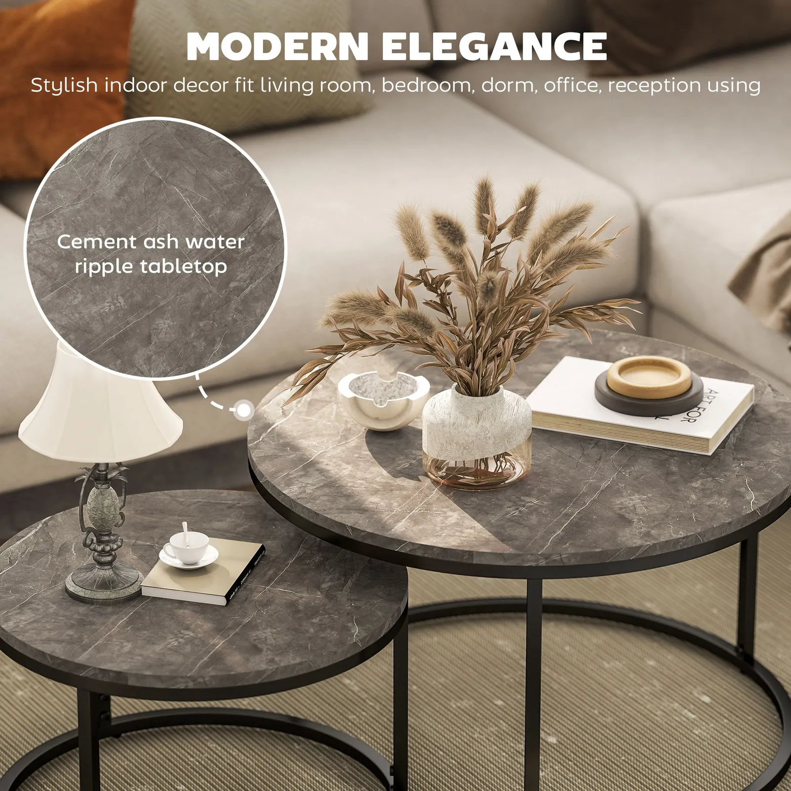 HOMCOM 2 Pcs Stacking Coffee Table Set Steel Frame Marble-Effect Top Foot Pads in Dark Grey 4