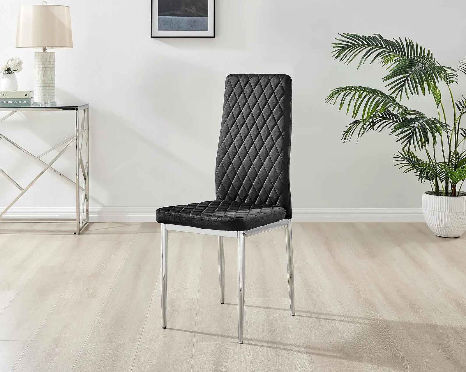 FurnitureboxUK Set of 4 Milan High Back Soft Touch Diamond Pattern Velvet Dining Chairs With Silver Chrome Metal Legs in Black 3