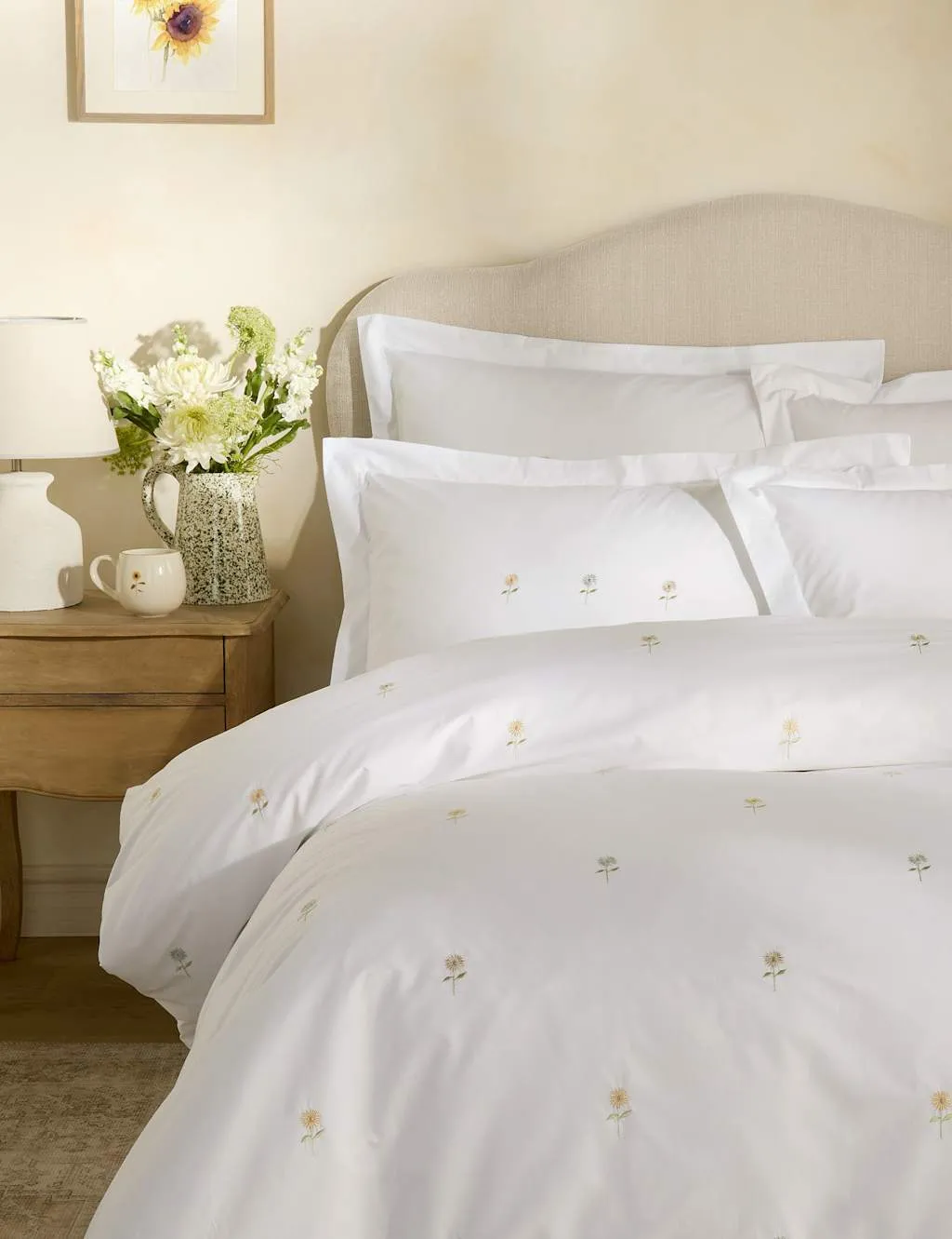 Sophie Allport Pure Cotton Embroidered Sunflower Bedding Set White