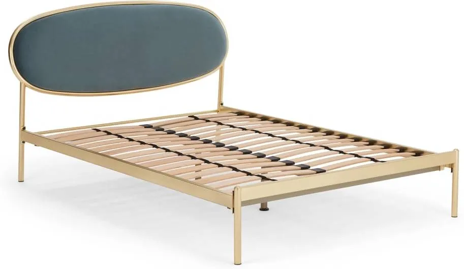 Asare Double Bed, Brass & Marine Green Velvet