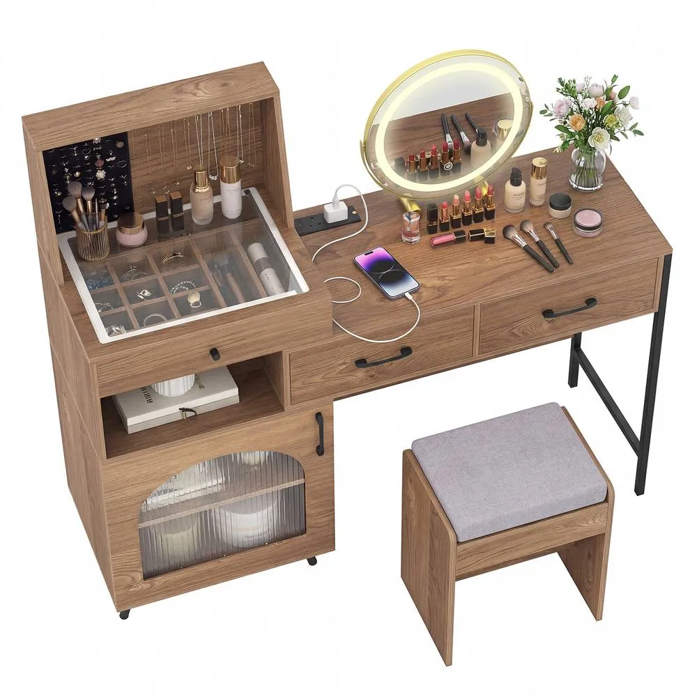 Costway Modern Makeup Vanity Table Set Dressing Desk w/Mirror & Lights & Stool in Natural