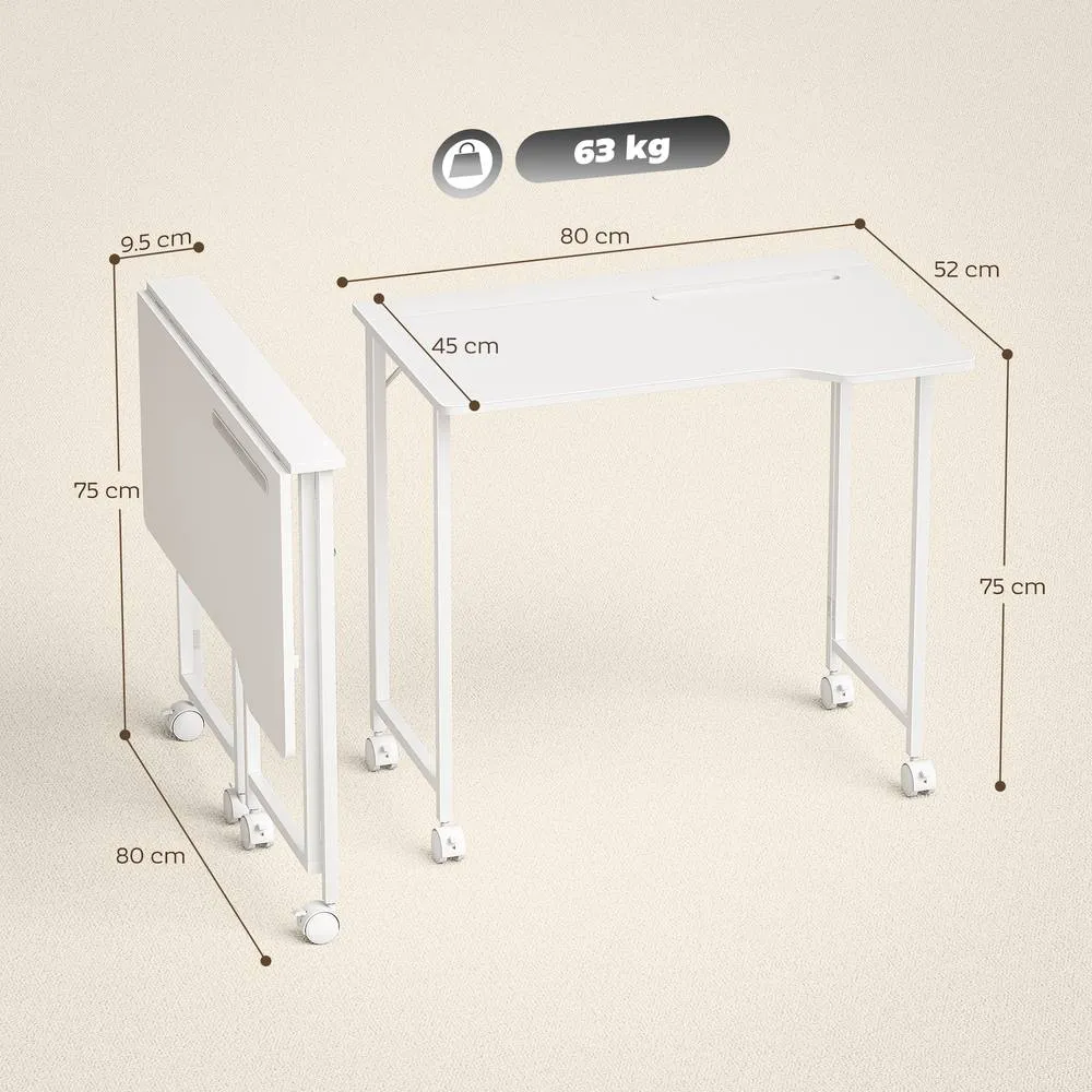 HOMCOM Small Writing Desk with Wheels, Folding Study Table in White 3