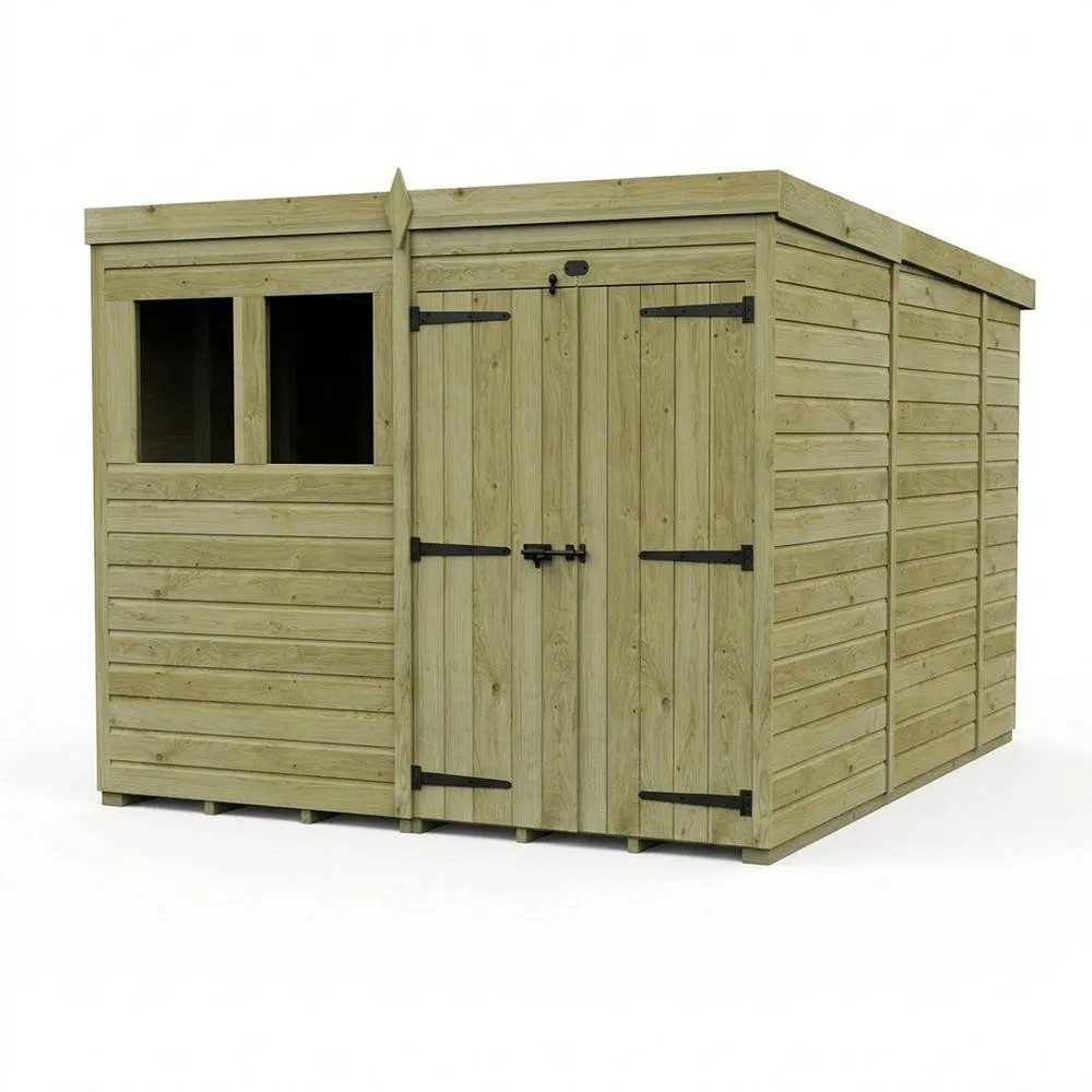 Buttercup Farm 8ft x 10ft Pent Garden Shed Double Door With Windows - Timber in Brown