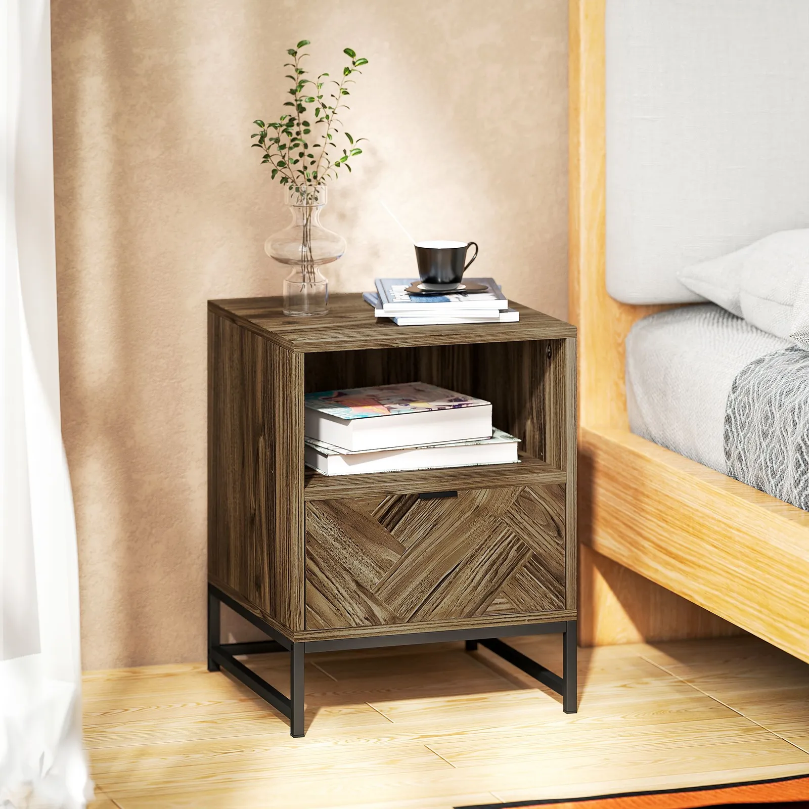 HOMCOM Bedside Table, Sofa Side Table W/ Drawer & Shelf Living Room, Bedroom in Brown