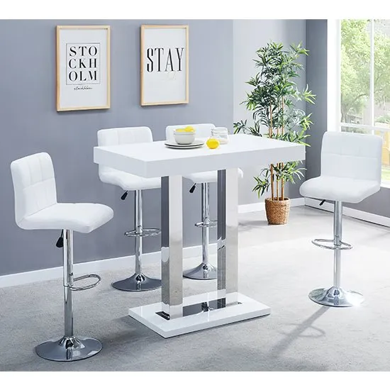 Caprice White Gloss Bar Table With 4 Coco White Bar Stools