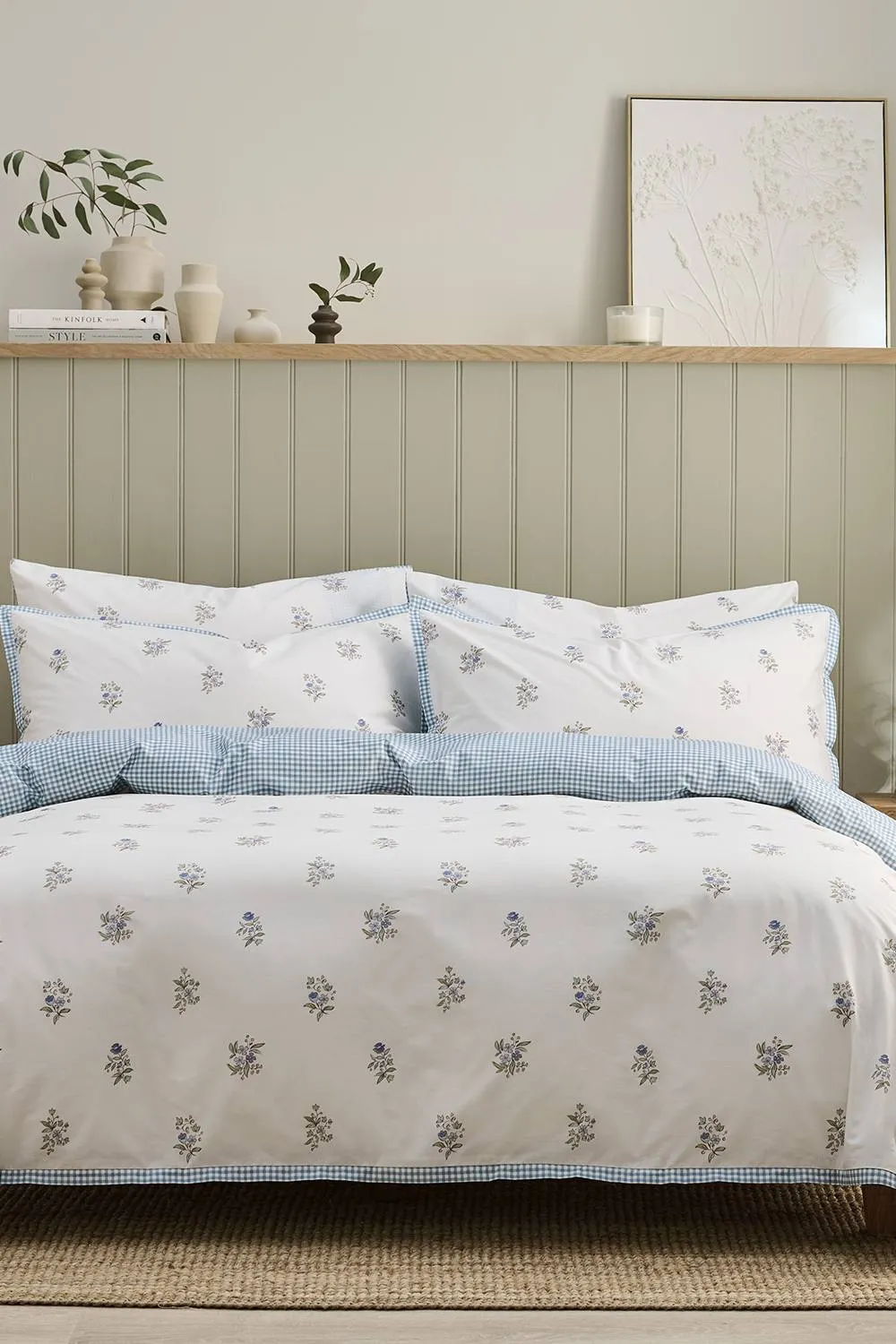 CHRISTY 'Guernsey' Floral Check Reversible Cotton Percale Duvet Cover Set in Blue 2