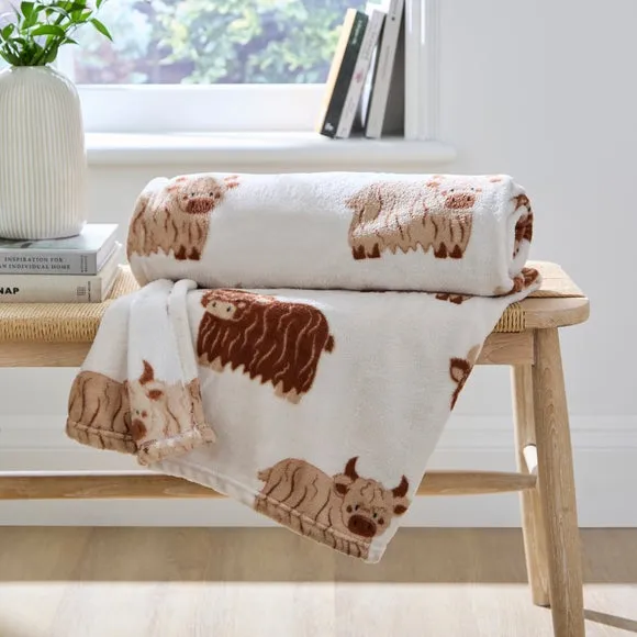 Highland Cow Fleece Throw Blanket, 130cm x 170cm