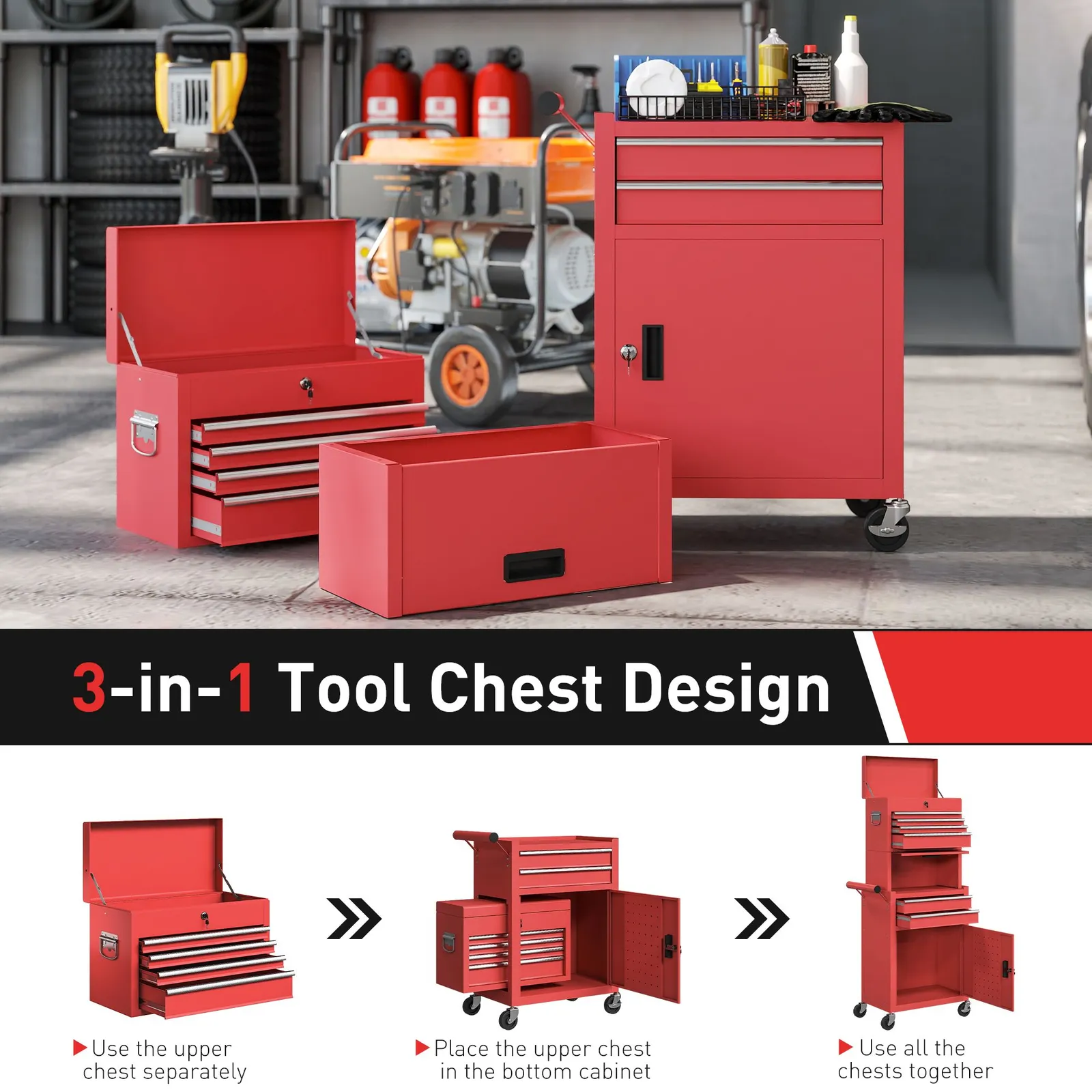 HOMCOM Tool Cabinet with 6 Drawers, 3-in-1 Rolling Tool Chest with Wheels in Red 6