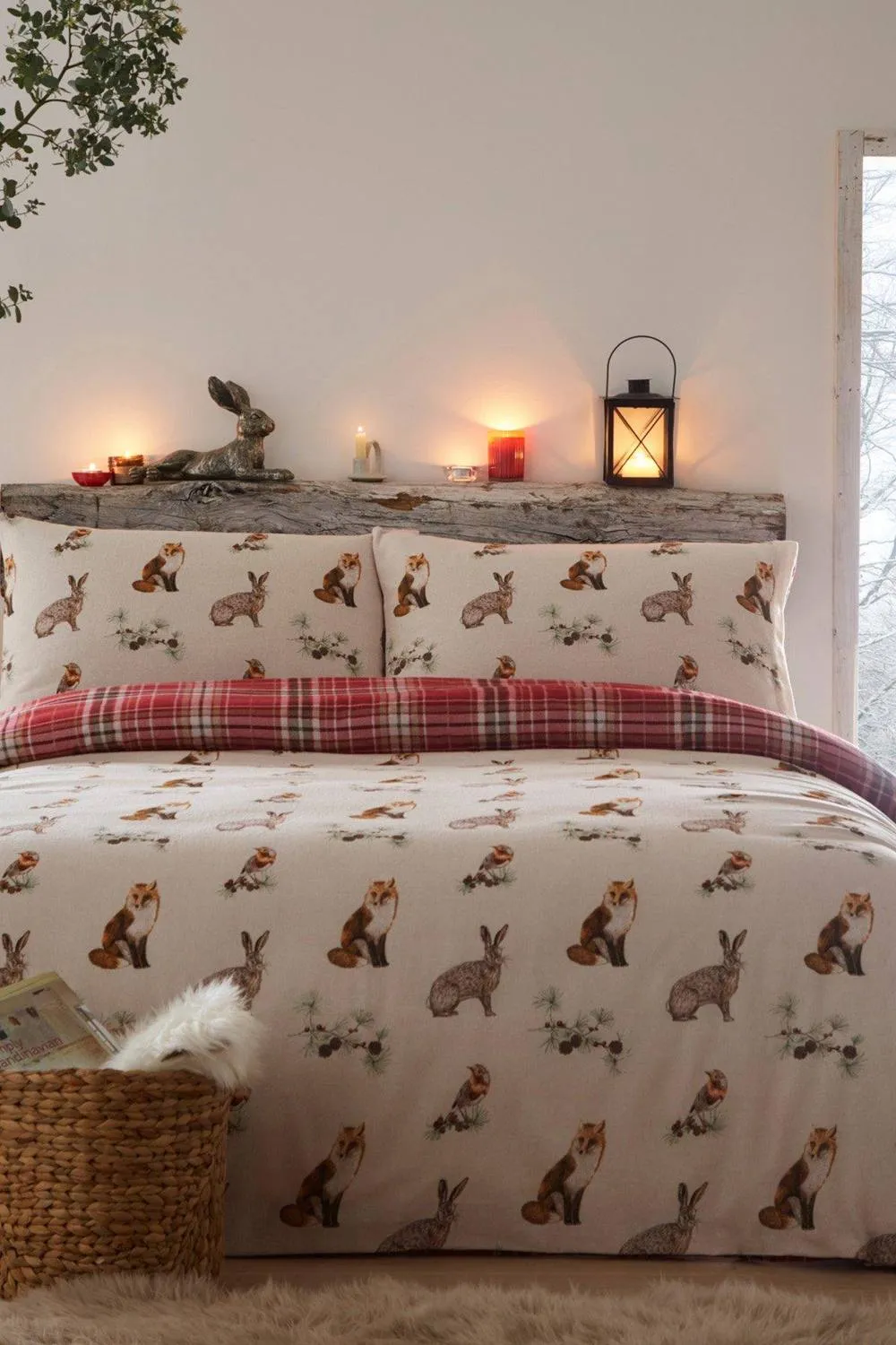 Dreams & Drapes 'Derwent Check' Brushed Cotton Reversible Woodland Animal Print Duvet Cover Set in Natural 2