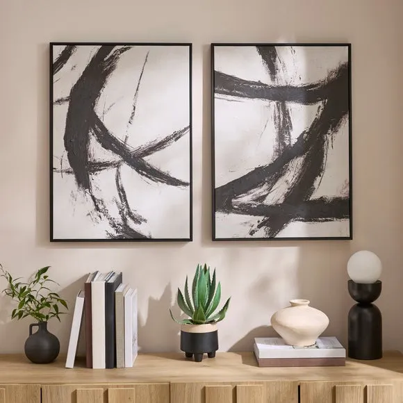 Set Of 2 Monochrome Abstract Brushstroke Framed Canvases