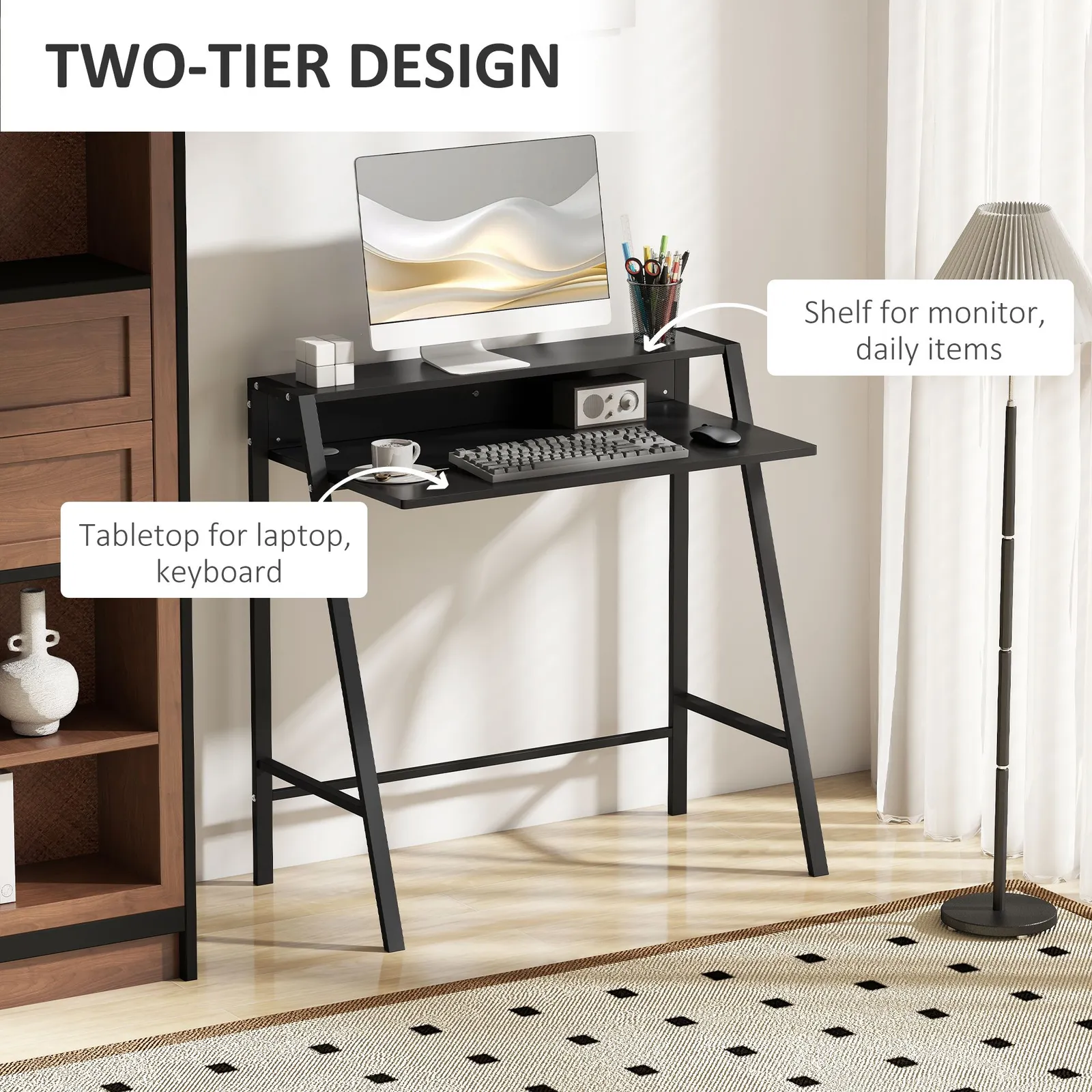 HOMCOM 2-Tier Storage Computer Workstation with Shelf, Metal Frame in Black 4