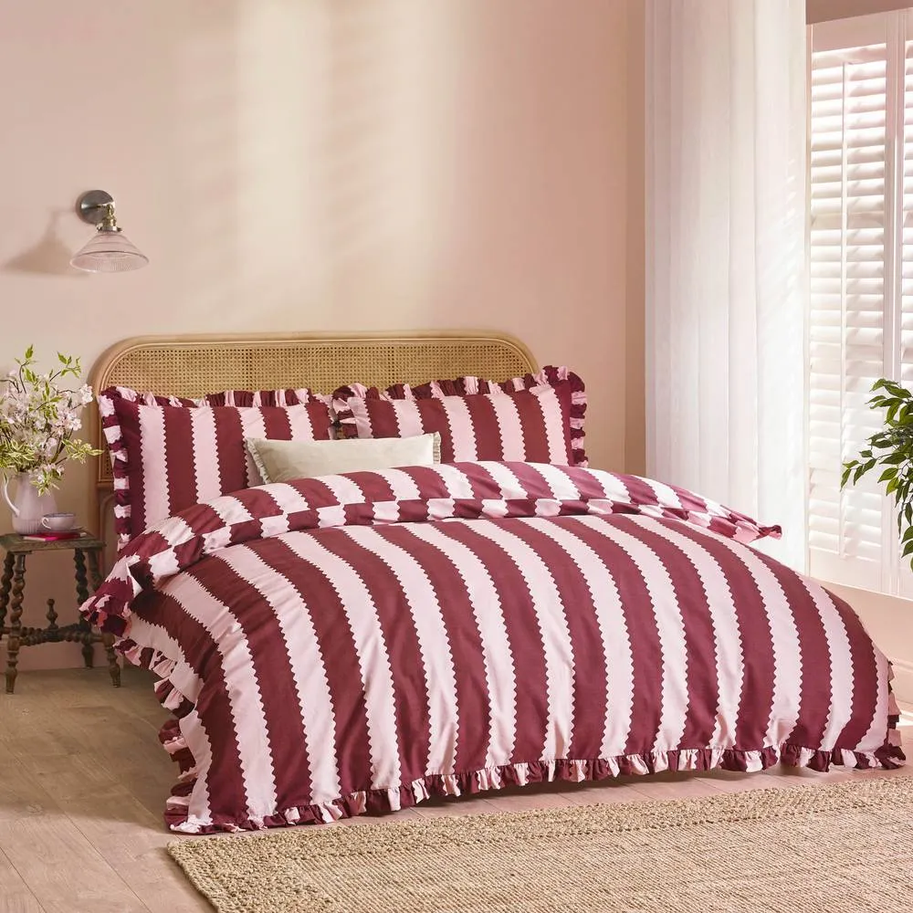 Wylder Birdie Stripe Ruffle Duvet Cover Set in Burgundy 1