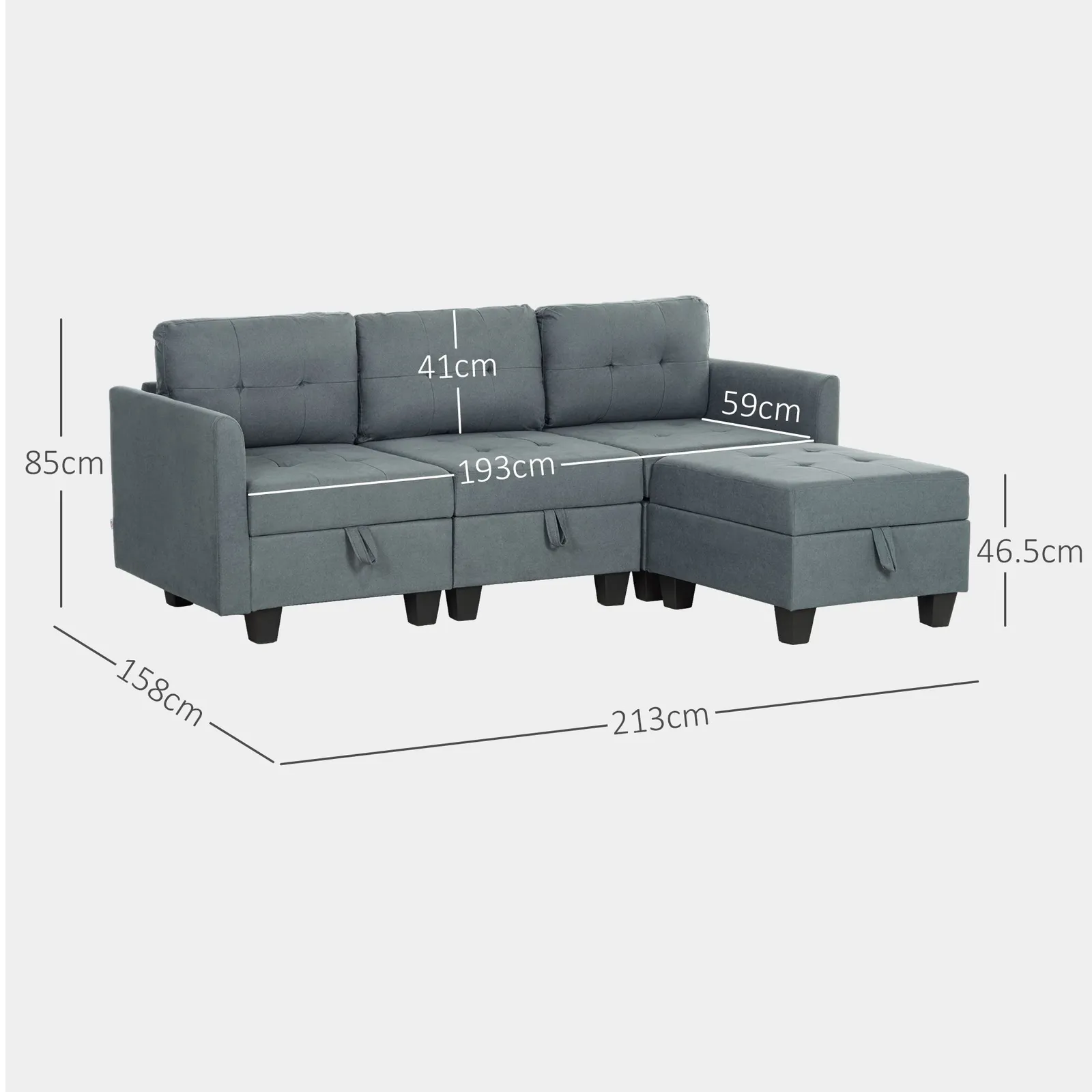 HOMCOM Convertible Modular Sectional Sofa w/ Storage Wood Frame Dark Grey 3