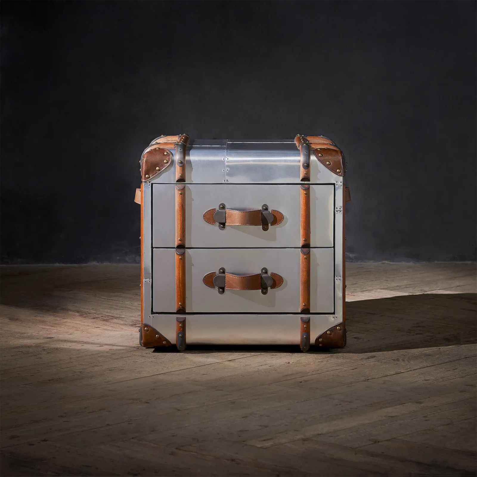 Timothy Oulton Globetrekker 2 Drawer Side Table, Silver Metal | Barker & Stonehouse 3