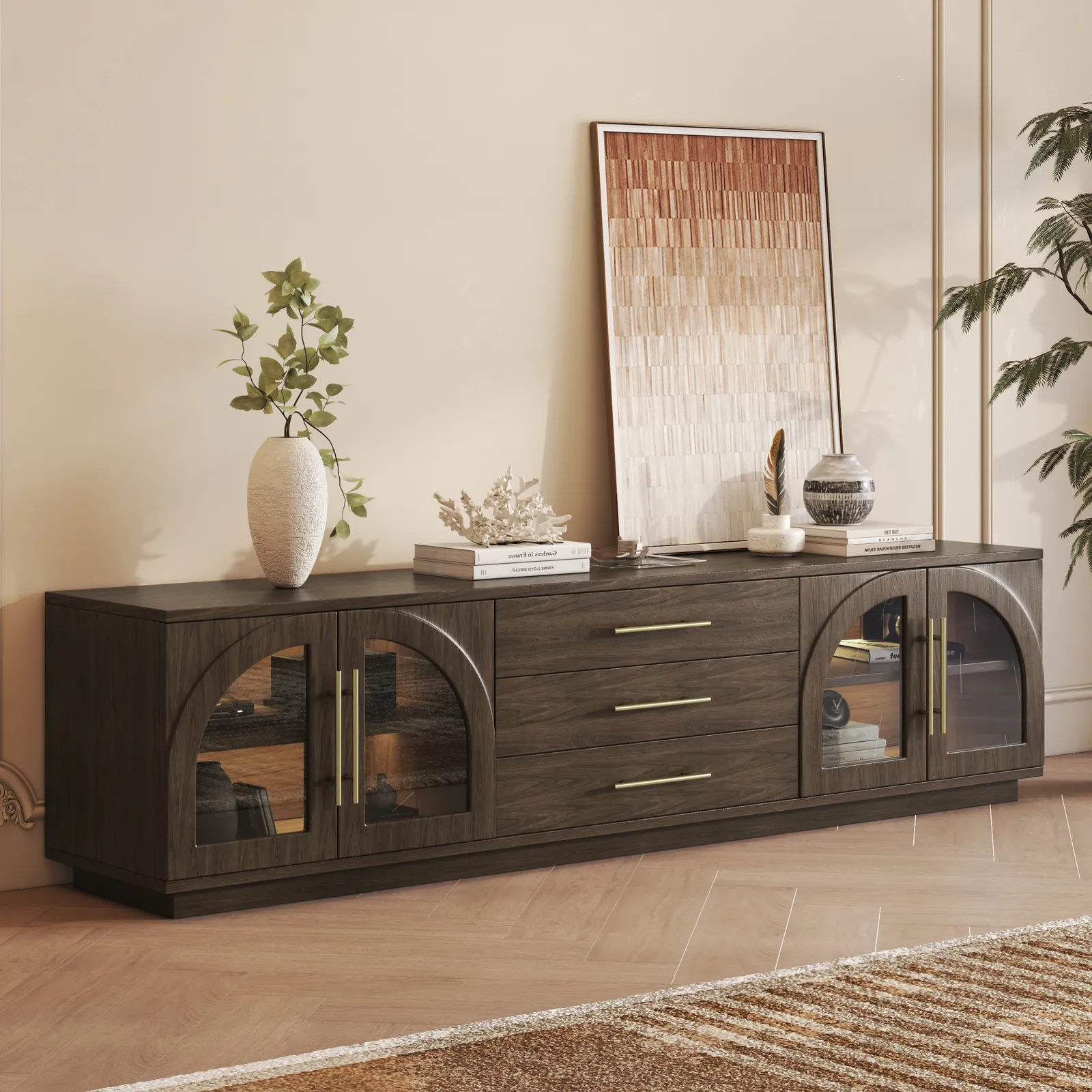 Arune 200 cm Arched Glass Doors Smoked Brown TV Stand with Storage and LED