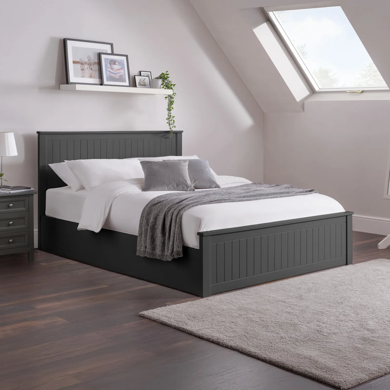 Maine - Double - Ottoman Storage Bed - Dark Grey - Wooden - 4ft6 - Happy Beds