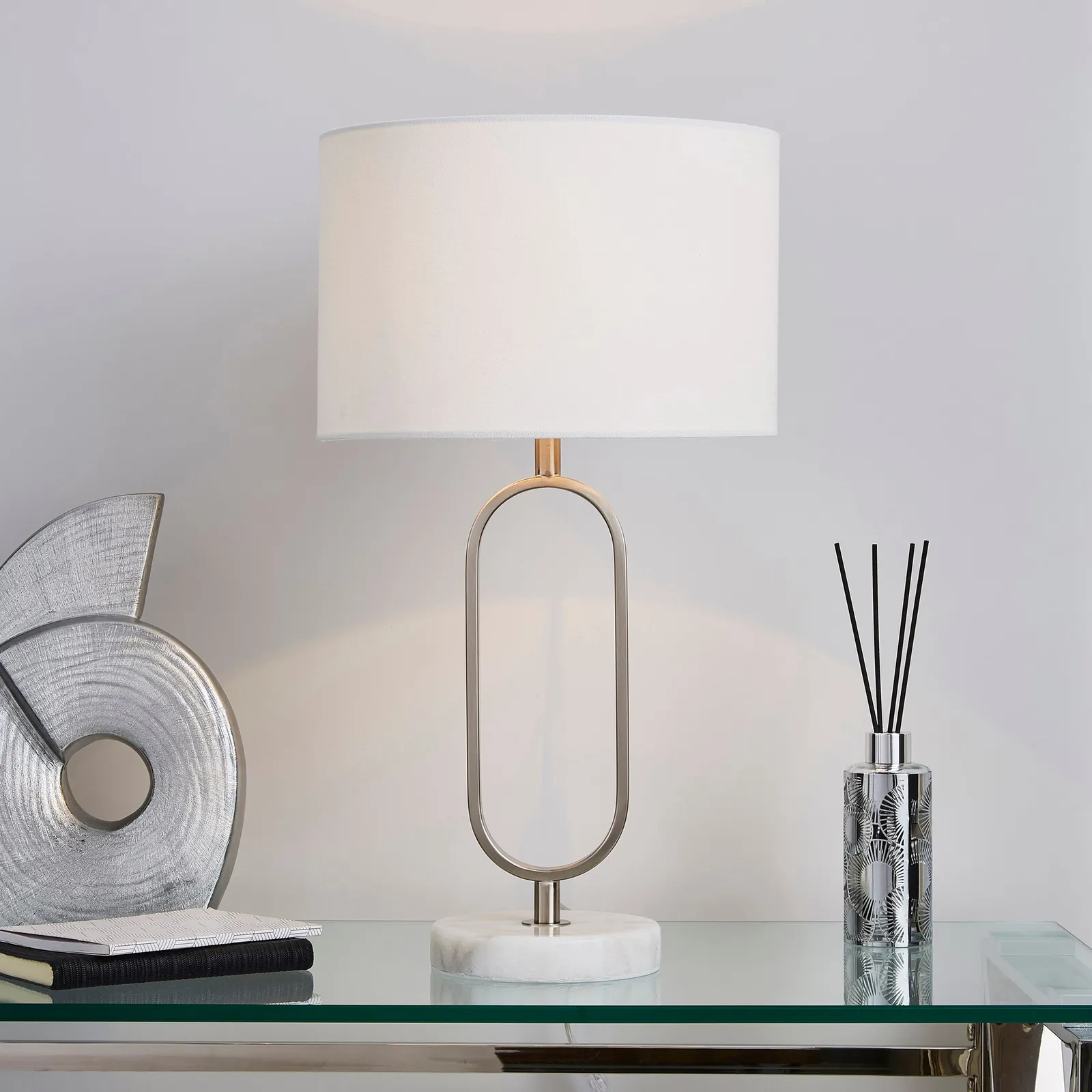 Carrara Real Marble Base Loop Table Lamp Chrome