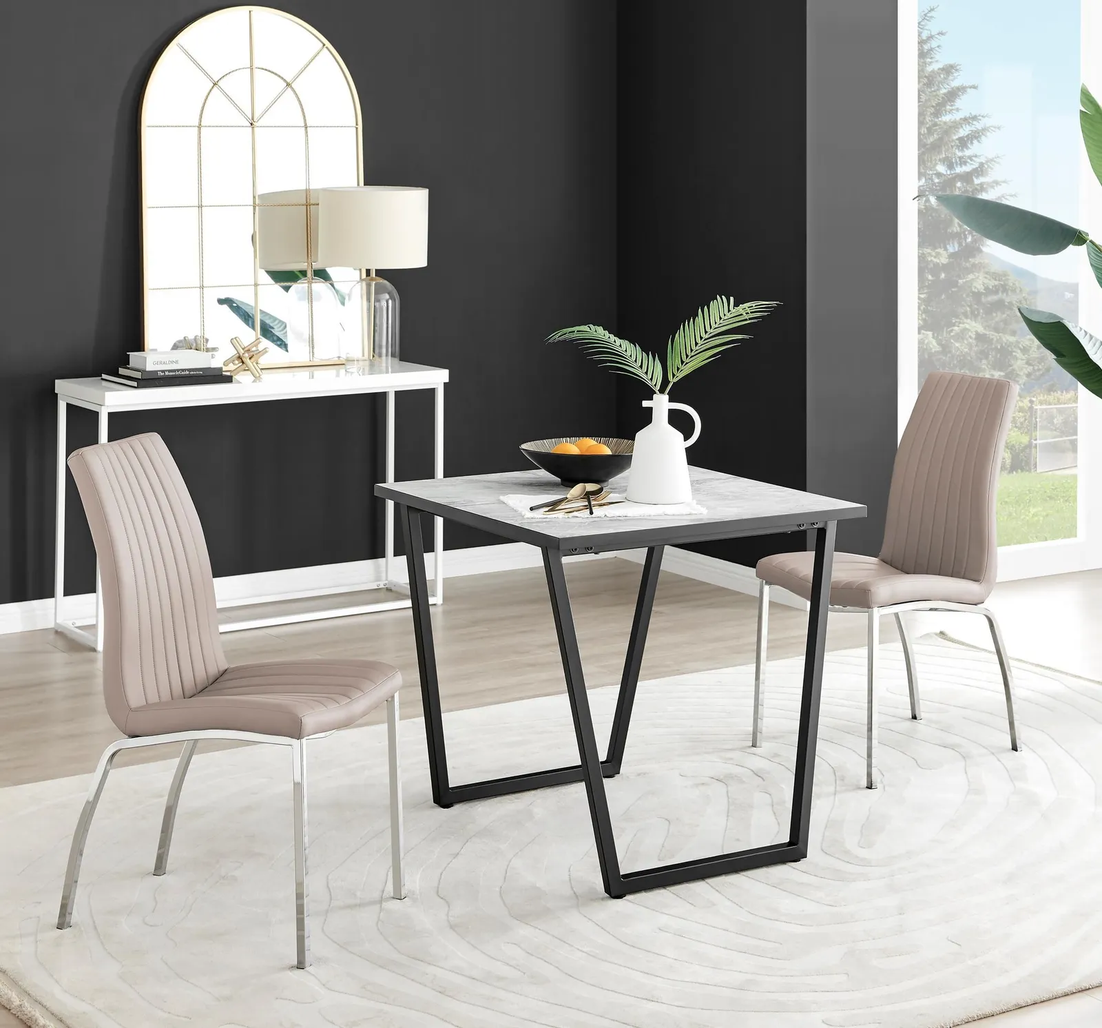 FurnitureboxUK Carson White Marble Effect Square Dining Table & 2 Faux Leather Isco Chairs in Beige 1