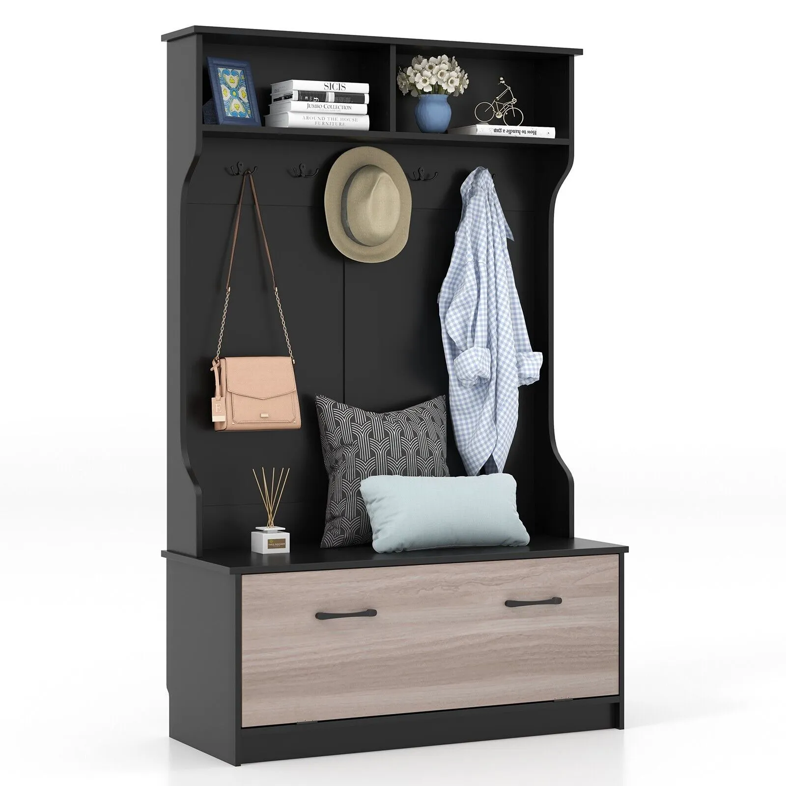 Costway 3-in-1 Freestanding Hall Coat Rack Stand Shoe Bench with 5 Hooks & Cabinet in Black
