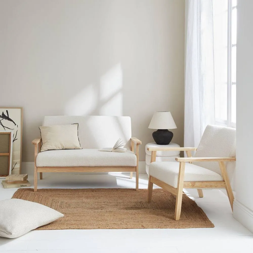 sweeek Armchair & Love Seat In Boucle Fabric & Rubber Wood in White