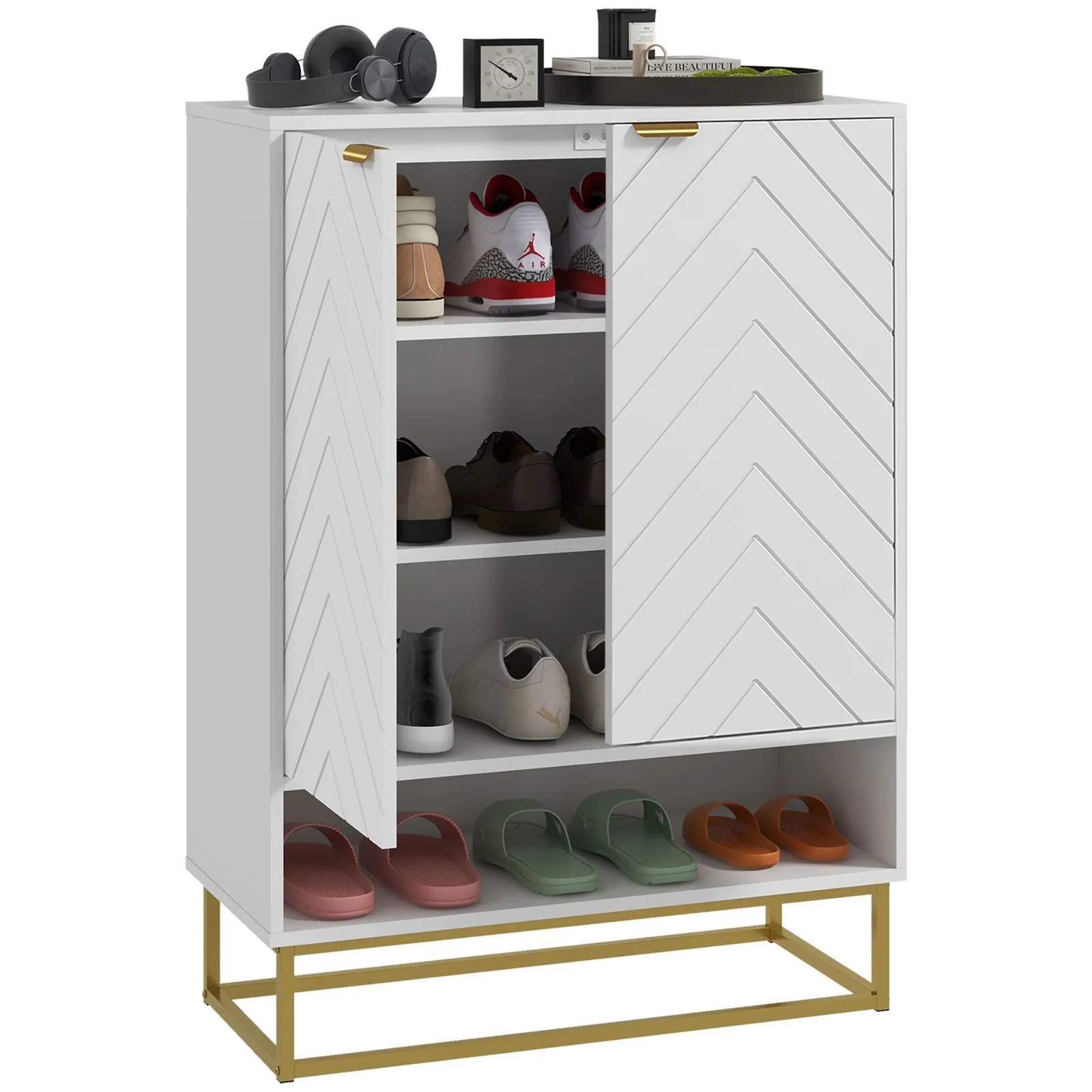 HOMCOM Shoe Storage Cabinet with 3 tier Shelving Open Shelf & 6 Vents in White 2