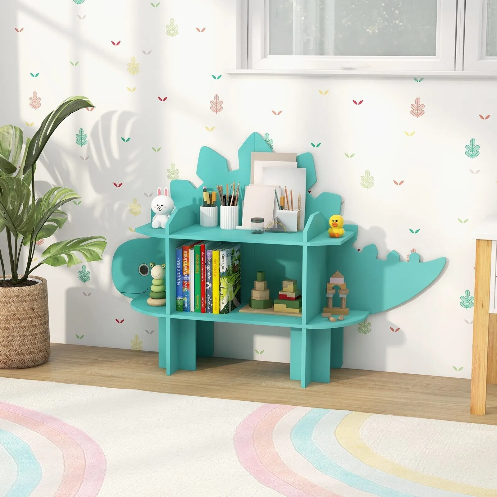 Costway Dinosaur Bookcase 2-Tier Toy Storage Organizer Wooden Bookshelf in Green 3